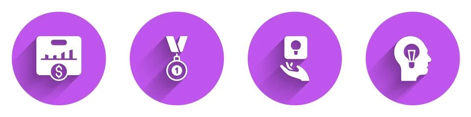 Set Key performance indicator, Medal, Light bulb and Human with lamp icon with Stock Illustration