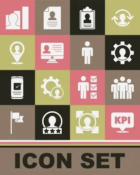 Set Key performance indicator, Users group, Human with gear, Clipboard resume Stock Illustration