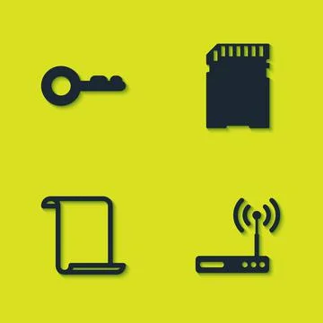 Set Key, Router and wi-fi, Paper scroll and SD card icon. Vector Stock Illustration
