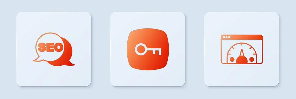 Set Key, SEO optimization and Website statistic. White square button. Vector 스톡 일러스트