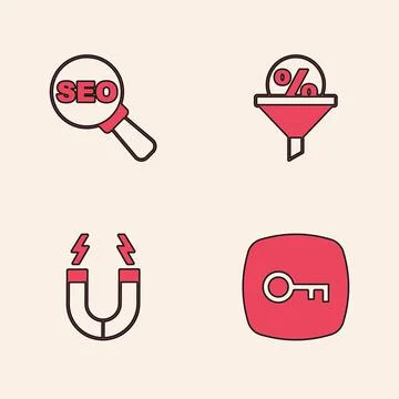 Set Key, SEO optimization, Lead management and Magnet icon. Vector Stock Illustration