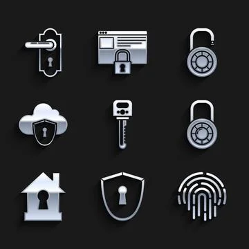 Set Key, Shield with keyhole, Fingerprint, Safe combination lock wheel, House 스톡 일러스트