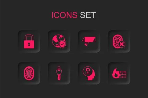 Set Key, Shield with world globe, Lock, Cancelled fingerprint, Firewall, se.. Stock Illustration