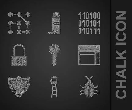 Set Key, Watch tower, System bug concept, Website template, Shield, Lock, Binary 库存插图