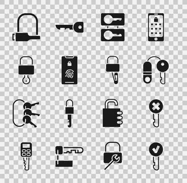 Set Key, Wrong key, House with, Casting keys, Mobile fingerprint scan, Lock.. Stock Illustration