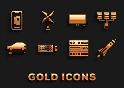 Set Keyboard and mouse, Server, Data, Web Hosting, Rocket ship with fire Stock Illustration