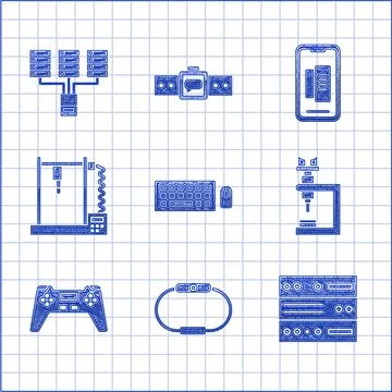 Set Keyboard and mouse, Smartwatch, Server, Data, Web Hosting, Microscope, .. Illustrazione stock