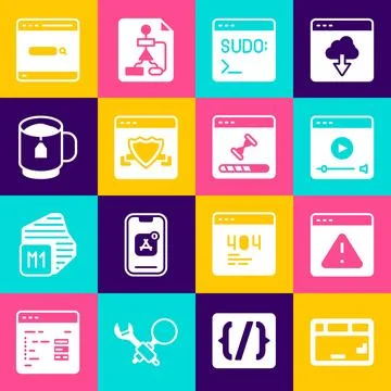 Set Keyboard, Browser with exclamation mark, Online play video, Code terminal Stock Illustration