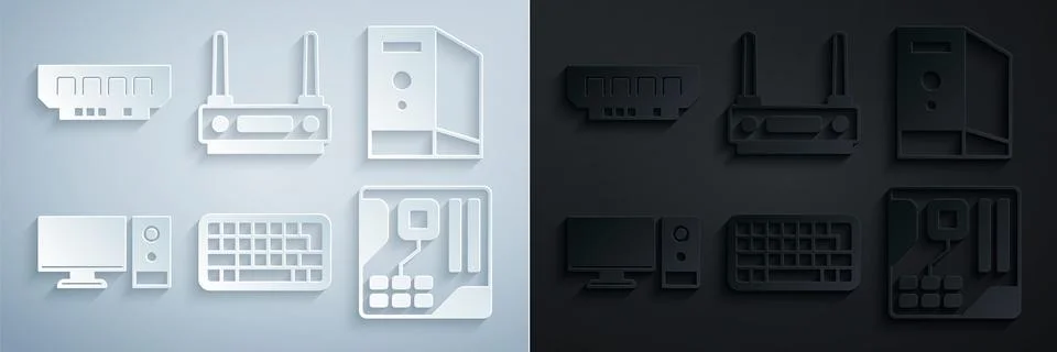 Set Keyboard, Case of computer, Computer monitor, Motherboard digital chip Stock Illustration