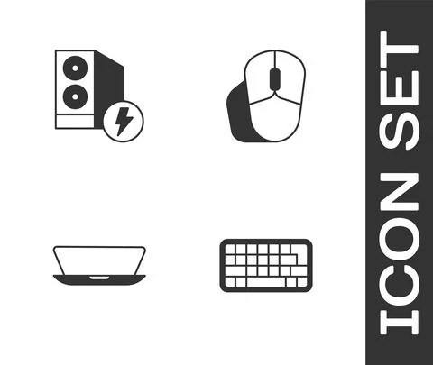 Set Keyboard, Case of computer, Laptop and Computer mouse icon. Vector Stock Illustration