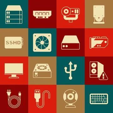 Set Keyboard, Case of computer, Video graphic card, Web camera, Computer cooler Stock Illustration