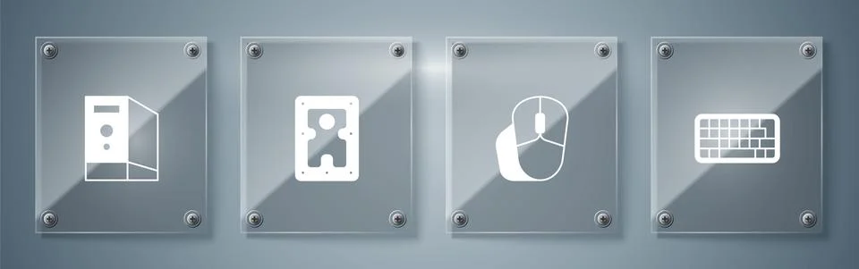 Set Keyboard, Computer mouse, Hard disk drive HDD and Case of computer. Square Illustrazione stock