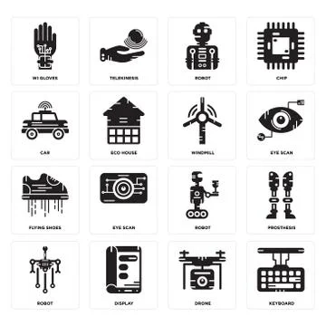 Set of Keyboard, Drone, Robot, Flying shoes, Windmill, Car, Wi gloves icons Free Stock Illustration