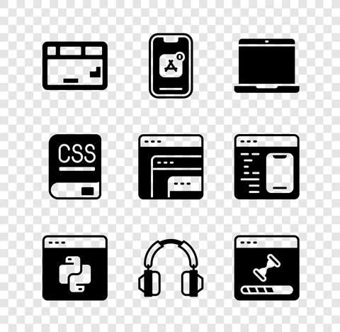 Set Keyboard, Mobile Apps, Laptop, Python programming language, Headphones Stock Illustration