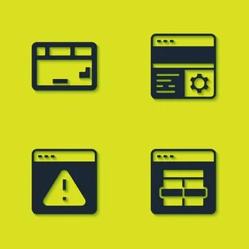 Set Keyboard, MySQL code, Browser with exclamation mark and Debugging icon... Stock Illustration