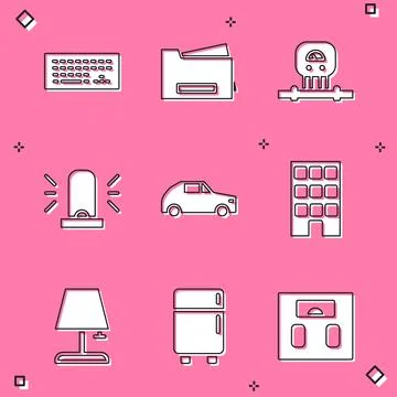 Set Keyboard, Printer, Smart sensor, Flasher siren, Car, House, Table lamp and Stock Illustration