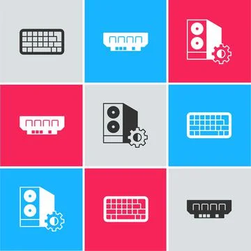 Set Keyboard, RAM, random access memory and Case of computer icon. Vector Illustrazione stock