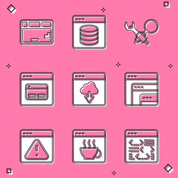 Set Keyboard, Server, Data, Web Hosting, Debugging, Search engine, Cloud 스톡 일러스트