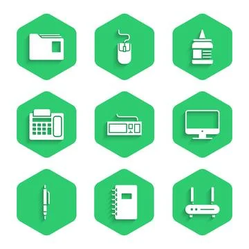 Set Keyboard, Spiral notebook, Router and wi-fi signal, Computer monitor sc.. Stock Illustration