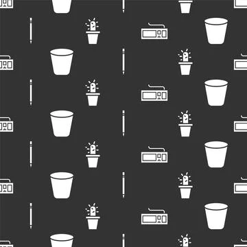 Set Keyboard, Trash can, Pencil with eraser and Cactus and succulent in pot on Stock Illustration