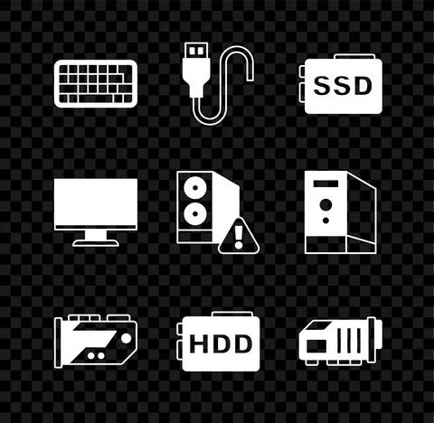Set Keyboard, USB cable cord, SSD card, Video graphic, Hard disk drive HDD Stockillustratie