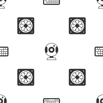 Set Keyboard, Web camera and Computer cooler on seamless pattern. Vector Stock Illustration