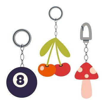 Set of keychains with cherry, mushroom, and eight ball charms in playful st.. Stock Illustration