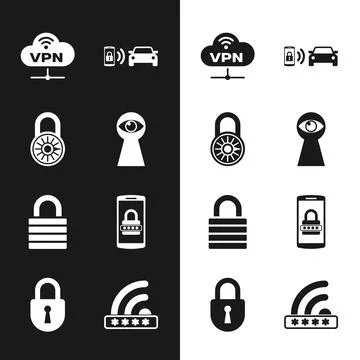 Set Keyhole with eye, Safe combination lock wheel, VPN Network cloud connec.. Illustrazione stock