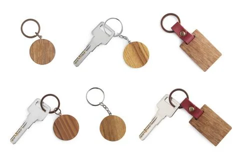 Set with keys and key chains isolated on white Foto stock