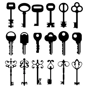 Set of Keys on a white background. Retro and modern keys. Safety symbol. Vect Stock Illustration