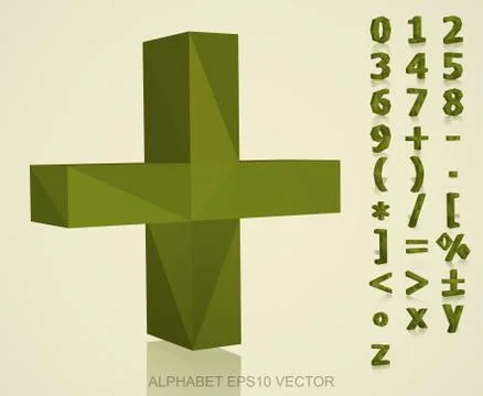 Set of Khaki 3D polygonal Numbers And Mathematical Symbols with reflection. EPS Stock Illustration