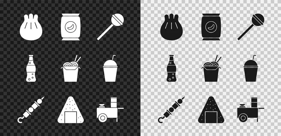 Set Khinkali on cutting board, Bag or packet potato chips, Lollipop, Grille.. Stock Illustration