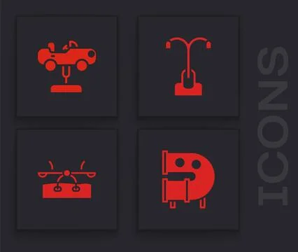 Set Kid playground slide pipe, Swing car, Street light and Seesaw icon. Vecto Stock Illustration