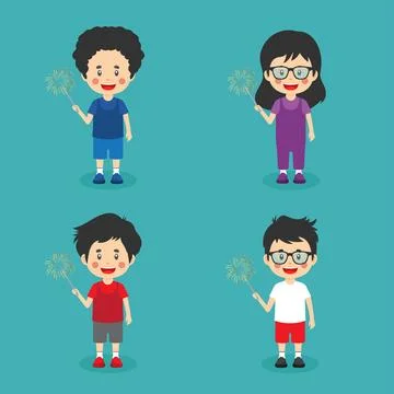 Set of Kid Playing Firework Stock Illustration