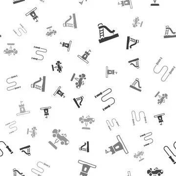Set Kid slide, Sand tower, Jump rope and Swing car on seamless pattern. Vecto Stock Illustration
