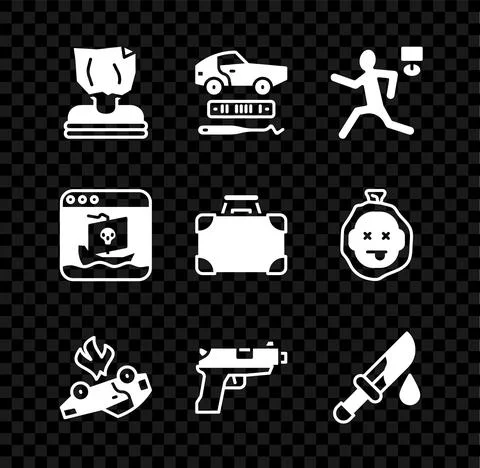 Set Kidnaping, Car theft, Murder, Burning car, Pistol or gun, Bloody knife Stock Illustration