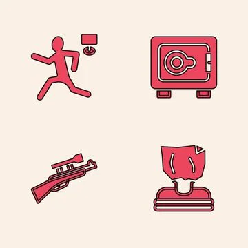 Set Kidnaping, Murder, Safe and Sniper rifle with scope icon. Vector Stock Illustration