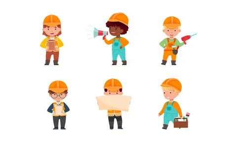 Set of kids builders. Architect, foreman, handyman characters cartoon vector イラスト素材