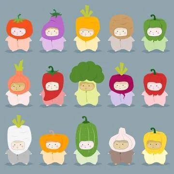Set of kids in cute vegetable costumes Stock Illustration