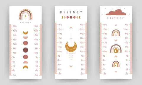 Set of kids height chart. Meter wall with cute boho rainbow and moon. Vector Ilustração Stock