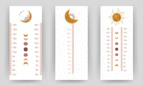Set of kids height chart. Meter wall with cute boho sun and moon. Vector Ilustração Stock