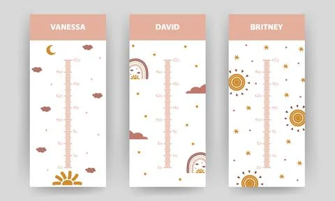 Set of kids height chart. Meter wall with cute boho rainbow and moon. Vector Ilustração Stock