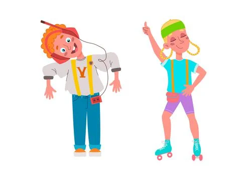 Set with kids in retro style. Cute and stylish children from 90s. Hand drawn  Illustrazione stock
