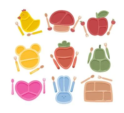 Set of kids tableware set collection. Baby cutlery silicone plate cartoon w.. Stock Illustration