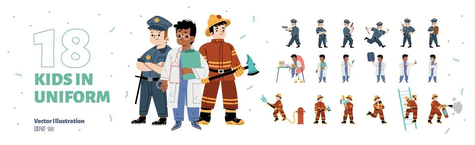 Set kids in uniform fire fighter, police, doctor Stock Illustration