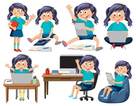 Set of kids using tablet and laptop 스톡 일러스트