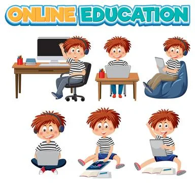 Set of kids using tablet and laptop 스톡 일러스트