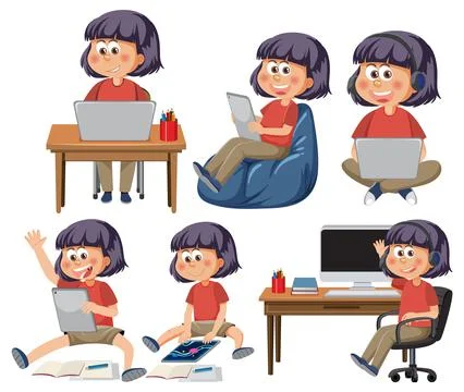 Set of kids using tablet and laptop 스톡 일러스트