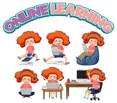 Set of kids using tablet and laptop 스톡 일러스트