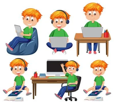 Set of kids using tablet and laptop 스톡 일러스트